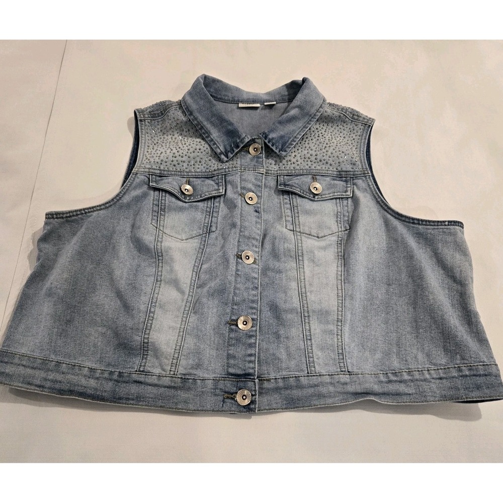 Cato Women's Denim Jean Vest Rhinestone Details Across Top Front and Back‎ 3X